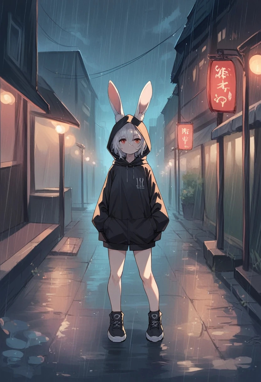 Girl 16 years old, standing on the street, It's raining outside, night, Rabbit Girl, hooded girl with bunny ears, bunny ears on the hood, White hair, Rabbit Girl под дождем на улице, stands with his back to the viewer, gloomy