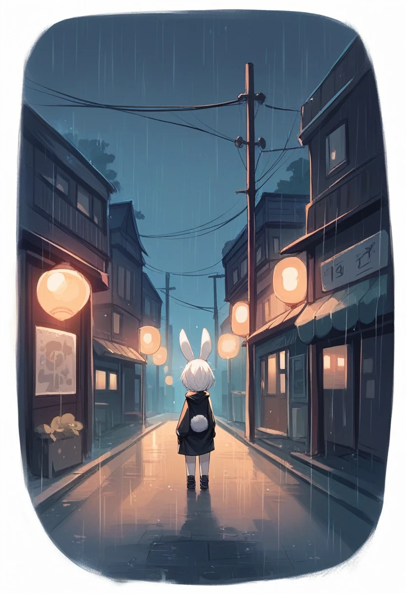 Girl 16 years old, standing on the street, It's raining outside, night, Rabbit Girl, hooded girl with bunny ears, bunny ears on the hood, White hair, Rabbit Girl под дождем на улице, stands with his back to the viewer, gloomy