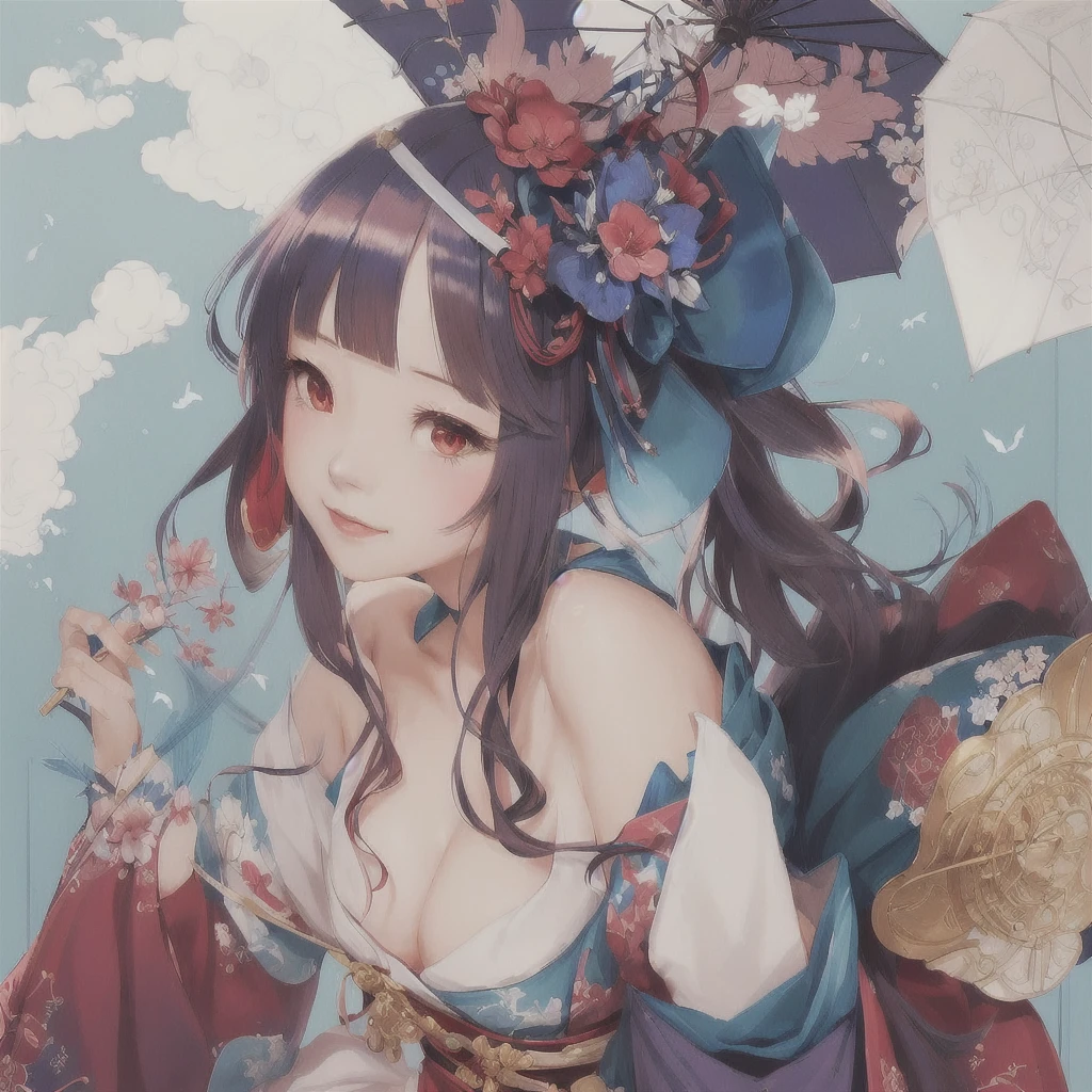 Anime girl in a blue dress, red hat and blue umbrella, The Detailed Art of the Onmyoji, Beautiful artwork illustration, Beautiful anime artwork, onmyoji, by Shimo, onmyoji portrait, Beautiful anime art, Pixiv, digital art on Pixiv, Pixiv contest winner, Anime fantasy illustration, Anime illustration, Zerochan Art