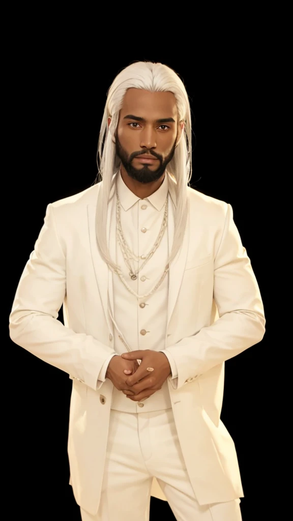 A dark man, with straight white hair, with beard, with white clothing set.