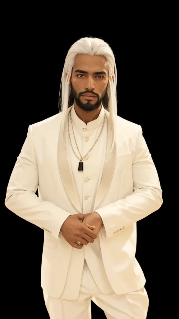 A dark man, with straight white hair, with beard, with white clothing set.