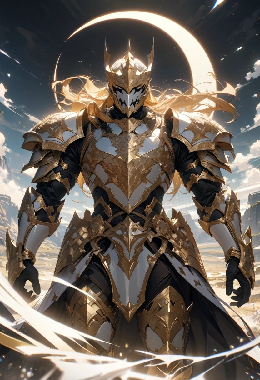 masterpiece, 8k, best quality, highly detailed, a warrior wearing strength boosting knight general armor made of white & gold scales with a solar eclipse as the motif
