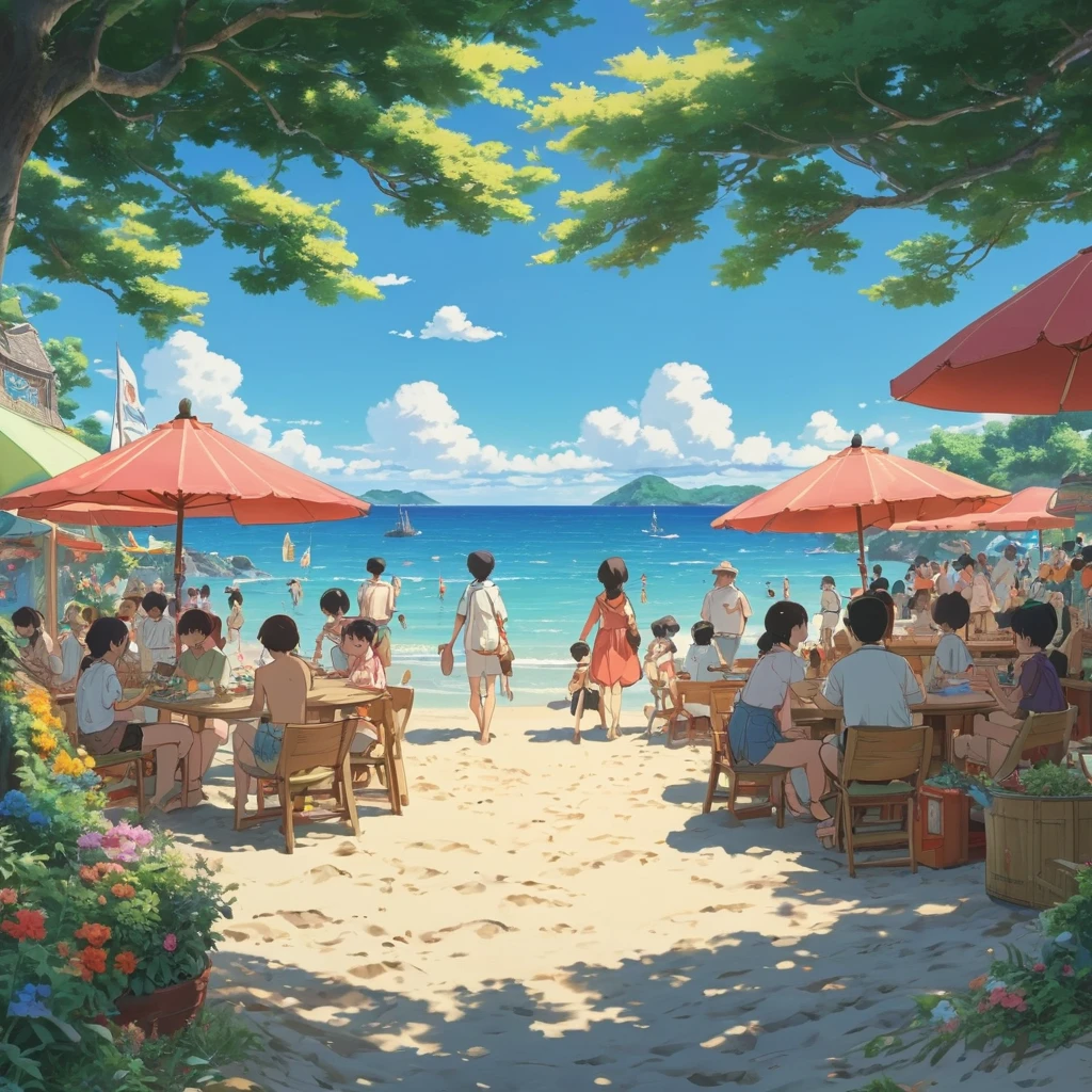 Summer festival beach, Festival atmosphere, Studio Ghibli Style, Ghibli Color, Anime Realism, Highest quality, masterpiece, 8K, Representative works, Official Art, Professional, Super intricate details