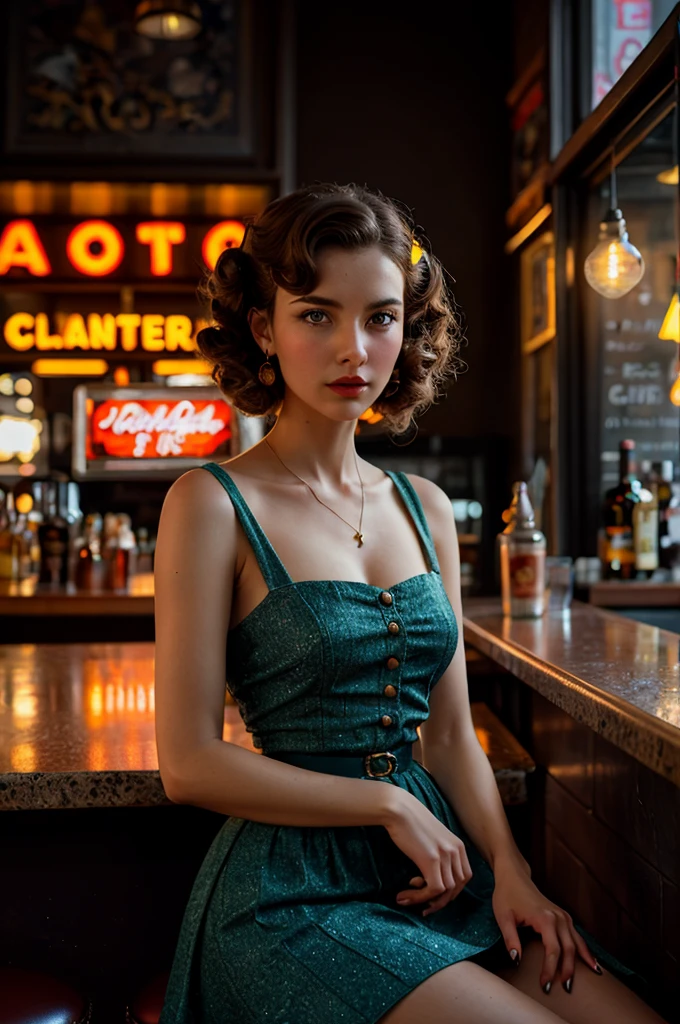 a beautiful girl in a retro dress, beautiful detailed eyes,beautiful detailed lips,extremely detailed eyes and face,longeyelashes, 1girl, impressionist style, Frank Weston Benson style, several women in retro dresses, lively and fun, dimly lit bar interior, wooden furniture, bottles and glasses on tables, warm lighting, oil painting, masterpiece, high quality, photorealistic, vivid colors, intricate details, cinematic lighting