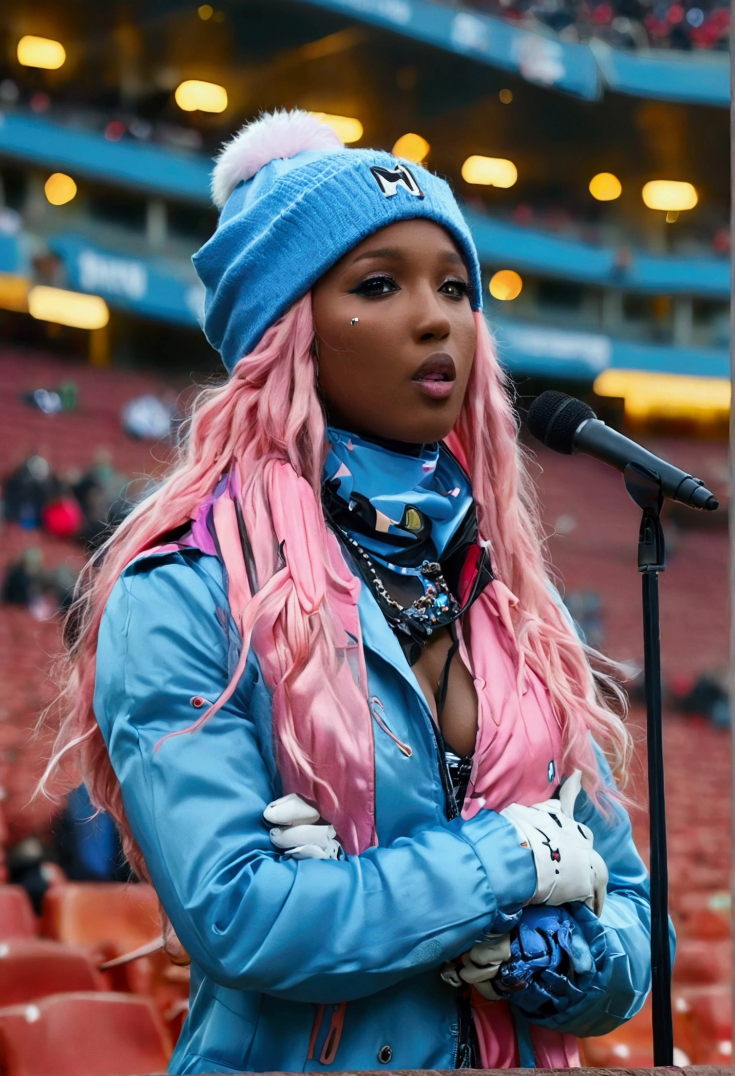 A woman inside a football stadium with her long pink hair wearing a blue and pink coat with her wearing a light blue blouse wearing blue pants and no pink eyes and her wearing a dog collar with her having black skin with thorns with her having white gloves and her having a black skin she wearing a pink cap with her holding a microphone and a speaker and with her I have big breasts and a huge ass and big thighs and a huge hip