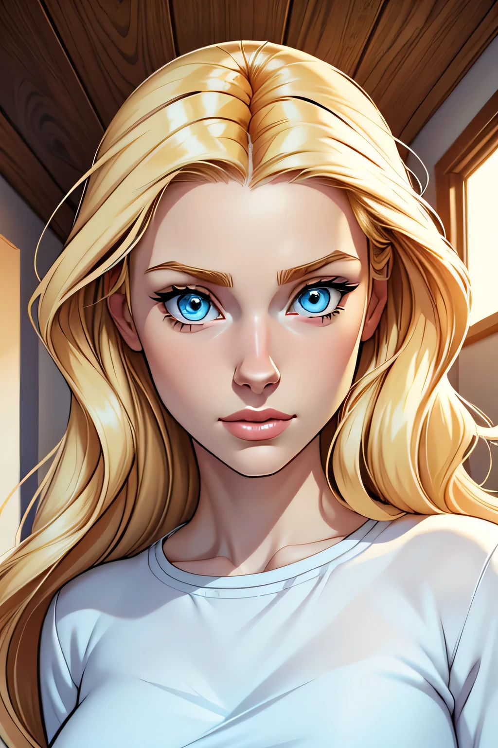 (digital art, digital illustration, 4K, 8K, clear image, cartoon style, cartoon illustration, perfect face, perfect lines, perfect eyes, soft lighting) ,1 female,(long golden blonde hair,18 years old,soft blue eyes,innocent looking,cute,pale skin,innocent look,white clothes,looking at the viewer,shy,western european look, cartoon art style, cartoonish