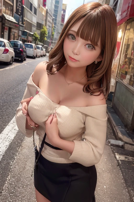 Paisura:1.5、Strapless off-shoulder tight shirt、mini pencil skirt、One girl、Medium breast、Bob Hair、Brown Hair、Dark skin、Raw photo、Highest quality、In the streets of Shibuya、walk、