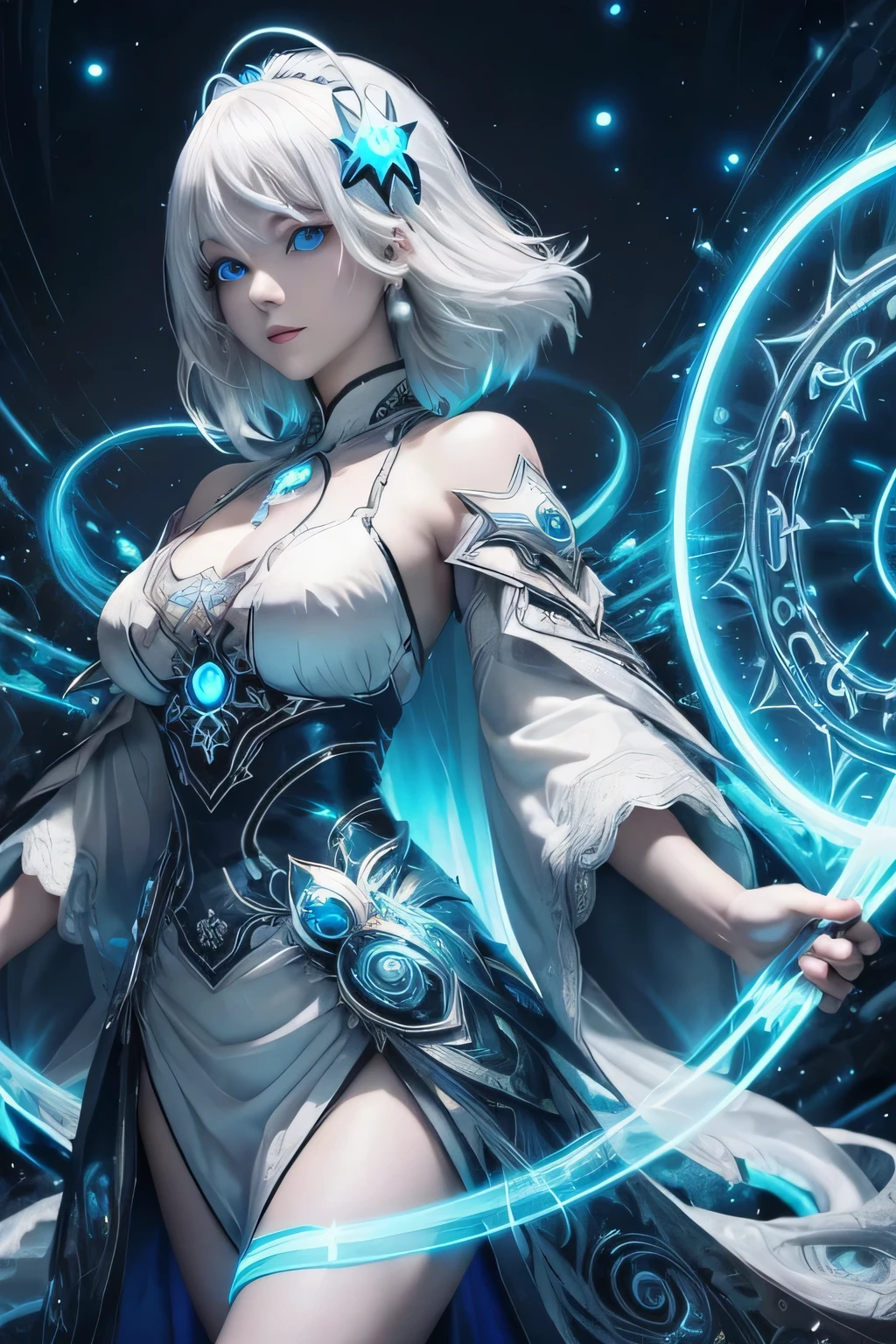 ((upper body)), best quality, masterpiece, a Japanese woman with ((Luminescence white hair)), ((detailed pearl blue eye)), high detailed goddess soul, focus on character, solo, (style swirl magic), solo, from front, front view, looking at viewer, detailed face, ((Luminescence Lighting Magic Circle theme)), perched on a ledge, tight neon body, light streaks, dark abyssal wanderer abstract, ((Simple Luminescence Neon Gown)), inscribed with mystical runes, outdoor dystopian background,