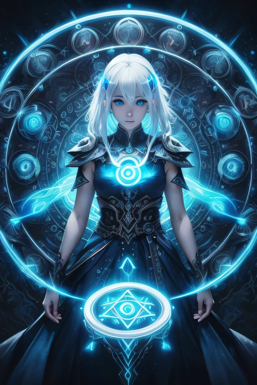 ((upper body)), best quality, masterpiece, a Japanese woman with ((Luminescence white hair)), ((detailed pearl blue eye)), high detailed goddess soul, focus on character, solo, (style swirl magic), solo, from front, front view, looking at viewer, detailed face, ((Luminescence Lighting Magic Circle theme)), perched on a ledge, tight neon body, light streaks, dark abyssal wanderer abstract, ((Simple Luminescence Neon Gown)), inscribed with mystical runes, outdoor dystopian background,