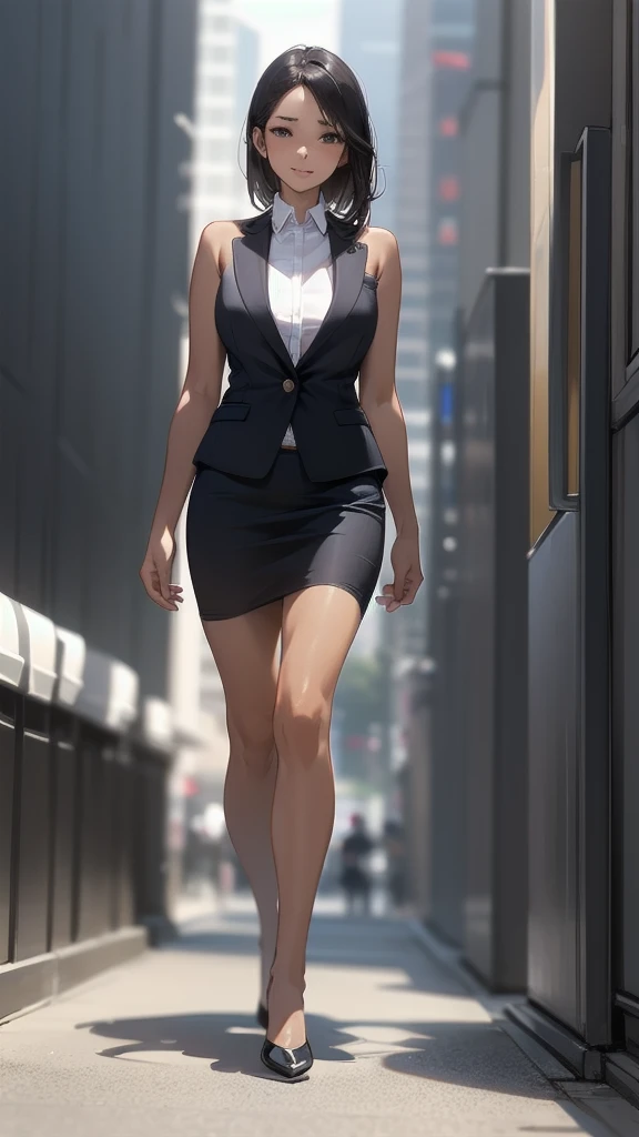 1 girl, looking directly at viewer, business attire, tan skin, top showing skin, elegant business attire, highly detailed, bare shoulders, natural lighting, full body view walking towards viewer