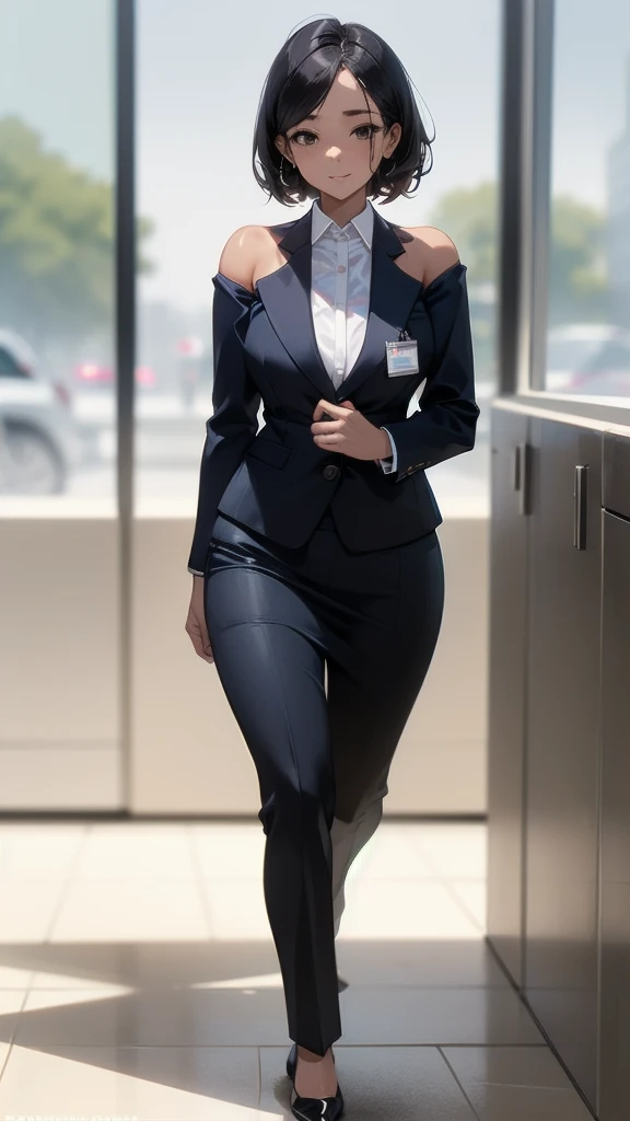 1 girl, looking directly at viewer, business attire, highly detailed , tan skin, top showing skin, elegant business attire, highly detailed, tan skin, bare shoulders, natural lighting, full body view walking towards viewer