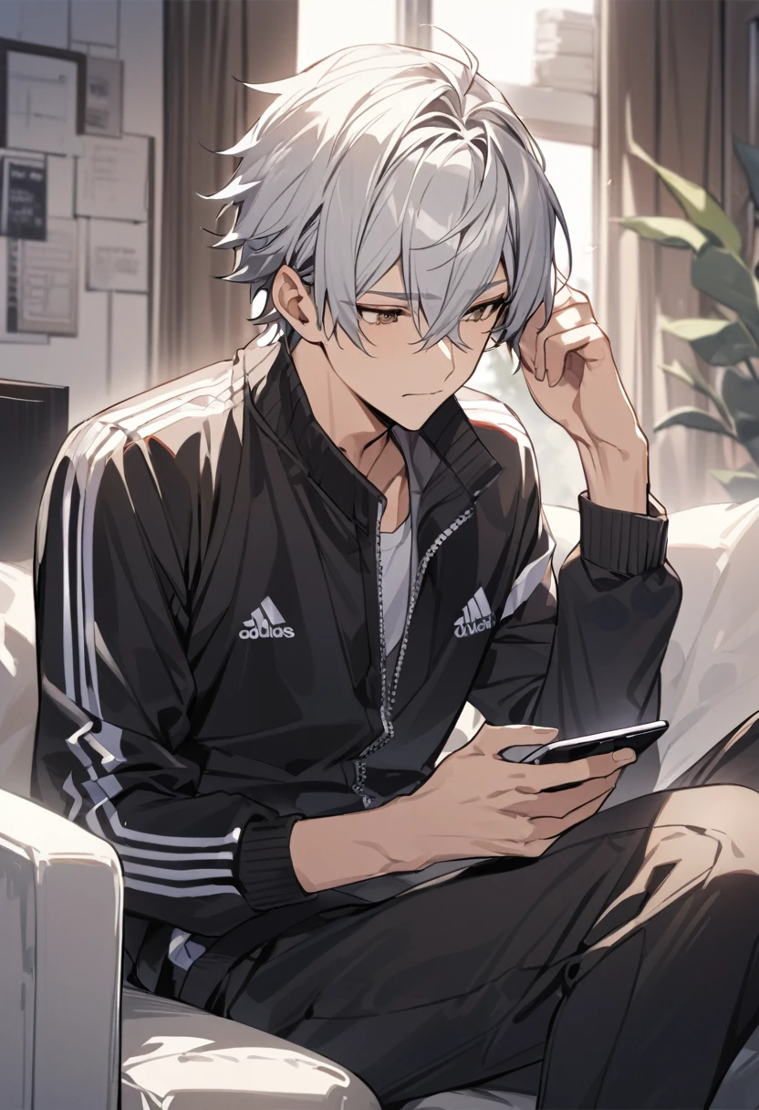 Detailed, masterpiece, 1 boy, anime boy, Athletic young man, very tall around 190cm, with silver hair and brown eyes, sitting and playing on his phone, wearing a tracksuit, relaxed and lazy demeanor, bored and detached expression.