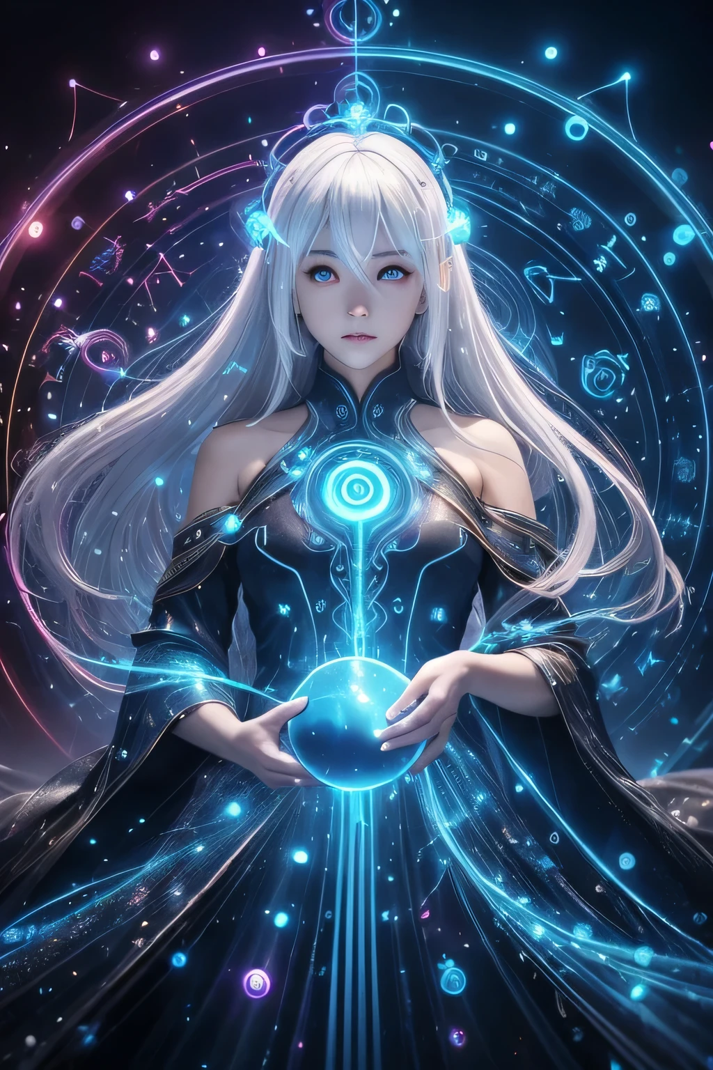 ((upper body)), best quality, masterpiece, a Japanese woman with ((Luminescence white hair)), ((detailed pearl blue eye)), high detailed goddess soul, focus on character, solo, (style swirl magic), solo, from front, front view, looking at viewer, detailed face, ((Luminescence Lighting Magic Circle theme)), perched on a ledge, tight neon body, light streaks, dark abyssal wanderer abstract, ((Simple Luminescence Neon Gown)), inscribed with mystical runes, outdoor dystopian background,