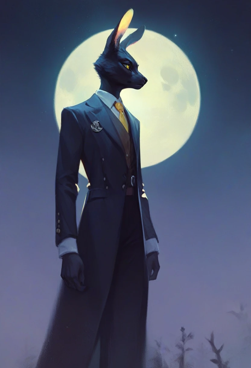 black furry bunny standing under the moonlight wearing a suit and has glowing yellow eyes , dark background, high detail, no light, woods landscape in the middle of the night, mistic, full moon, moonlight, (flat shading:1.2), (minimalist:1.4)