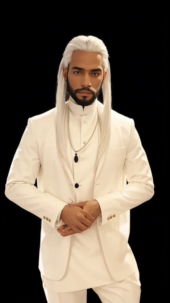 A dark man, with straight white hair, with beard, with white clothing set.