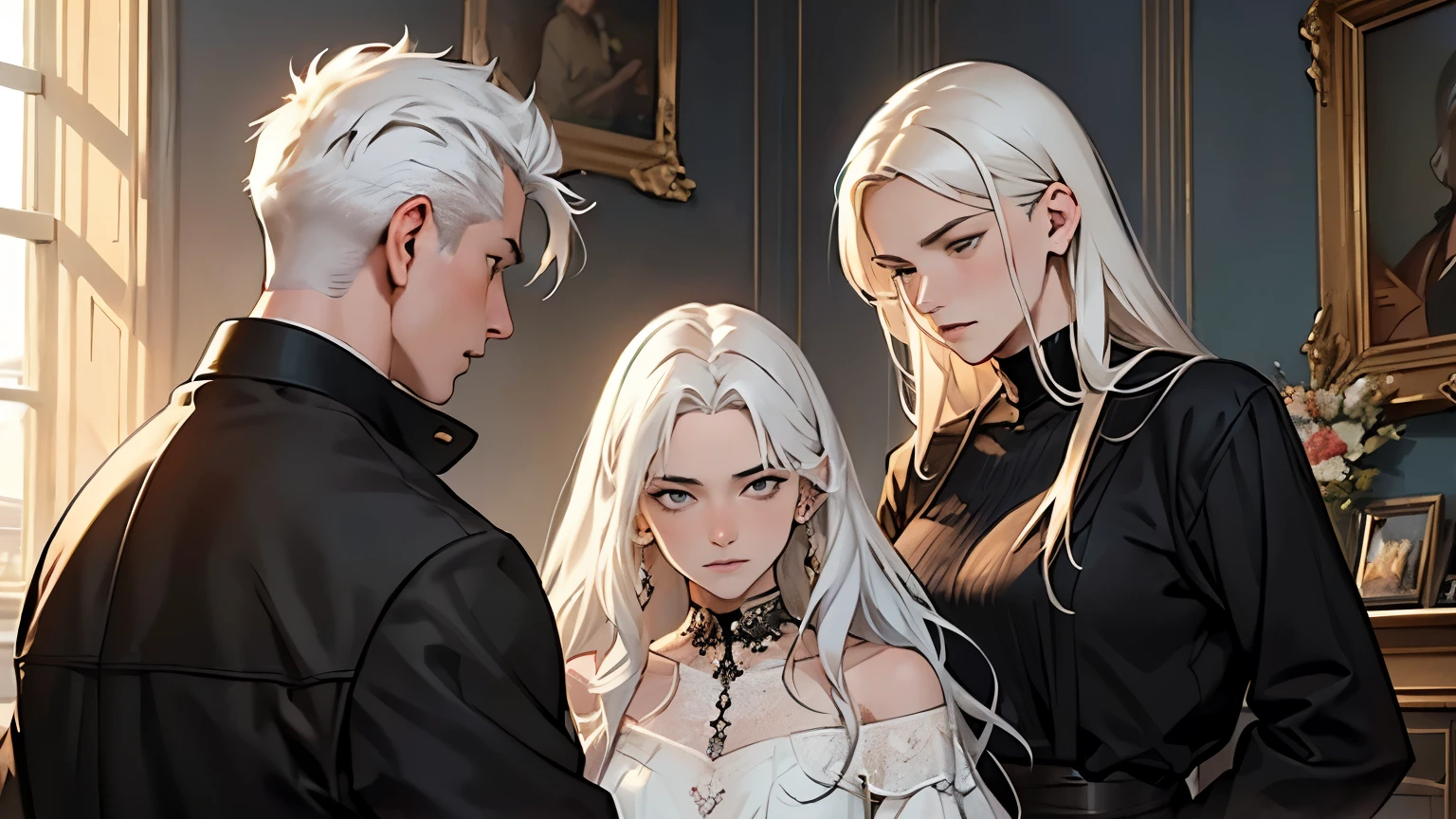 pollux | Alchemy Stars, Sae Niijima | Persona 5, 1girl, legs crossed, holding cane, white hair, long hair, yellow eyes, V-neck Prom Dress, bloodborne style, sitting on chair. intricate, grim-hatter, the madhatter, dishonored style, rococo cyberpunk, victorian vampire, inspired victorian sci - fi, zerochan art, inspired by J. J. Grandville,