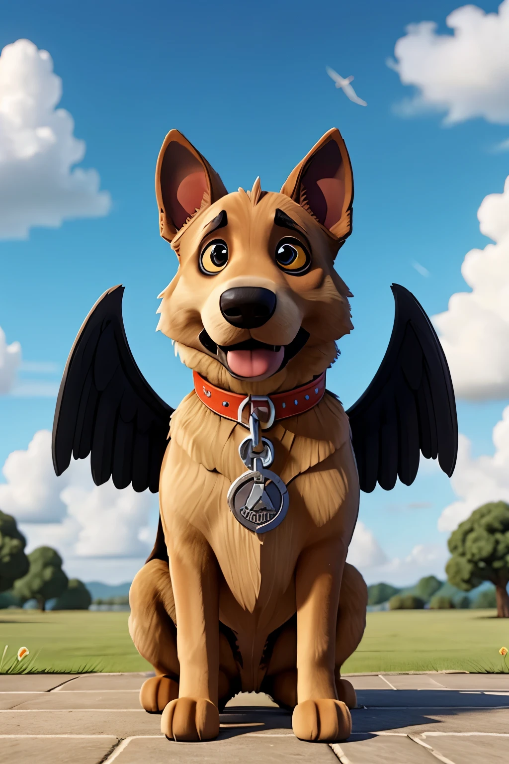 German shepherd police dog with wings in the clouds