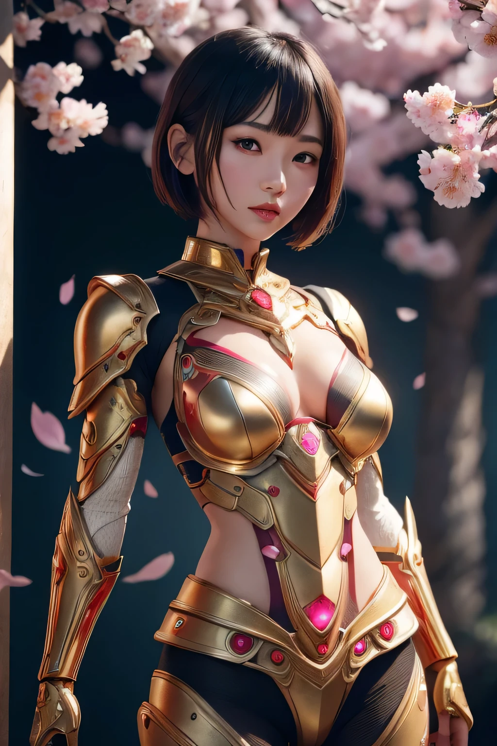 beautiful japanese young woman, wearing cyborg armor made of gold, thick symmetrical features, very short hair, background is cherry blossoms, pink aura, red lips, octane render,