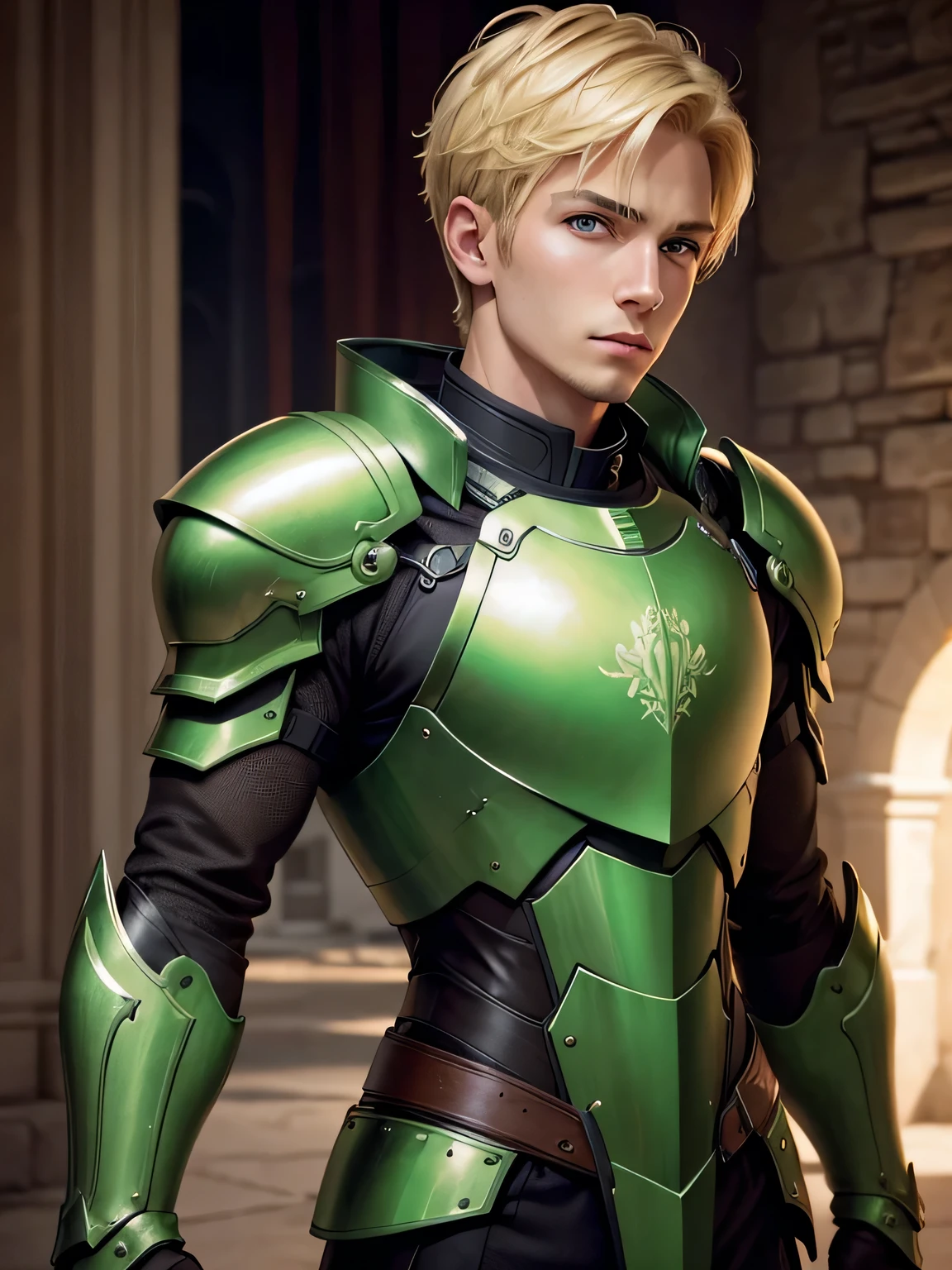 Man with straight, short blonde hair and light green eyes, wearing medium iron armor
