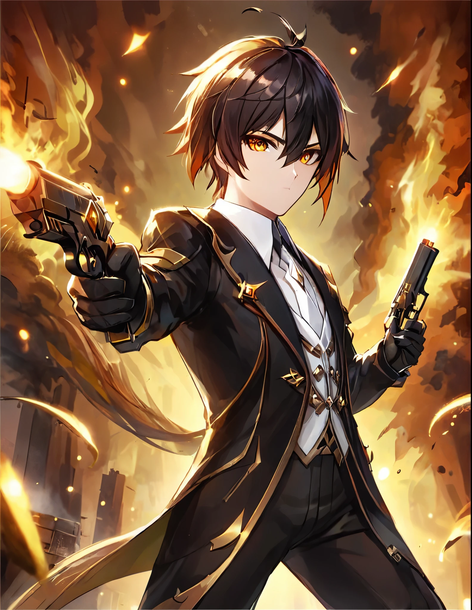 (better lighting, High contrast, sharp details), (a person:1.2+male) gangster, black suit and tie, White shirt, Black pants, polished black shoes, standing, dynamic action pose, holding two guns, Beretta 92, flash, Bullet shells, gun smoke, bullet holes, pointing at the viewer, black fur, by the chestnut, medium hair, groomed hair, 28 years, intense action, Brooklyn, high end apartment backdrop, vivid colors, high saturation, dramatic shadows.