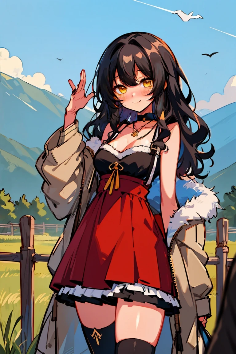 (masterpiece:1.2), (high quality:1.2), hui xiyi, rekkyo sensen, rekkyou sensen, (long wavy hair, one side up:1.54), solo focus, hand up, waving, girls with((black hair, bare shoulders, breasts,choker, cleavage,coat,collar,collarbone,cowboy shot, dress, frills, fur, fur collar, fur trim, hood down, hooded jacket, hoodie, jacket, large breasts, long hair, long sleeves, belt, suspenders, medium breasts, medium hair, necklace, open clothes, open hoodie, sleeveless, solo, winter clothes, zipper, white thighhigh, thighhigh)), background with ((architecture, blue sky, bush, castle, village, no humans, cloud, cloudy sky, day, fence, field, garden, grass, hill, house, lamppost, landscape, mountain, mountainous horizon, nature, no humans, outdoors, scenery, shrine, sky, tower))