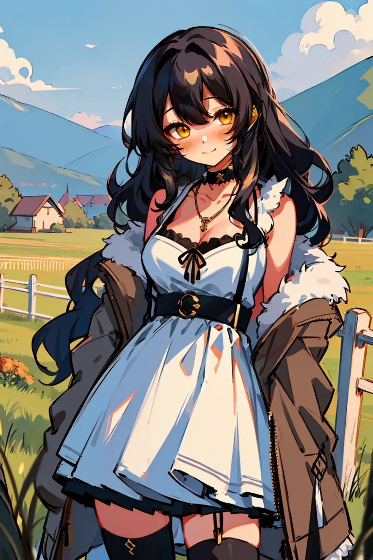 (masterpiece:1.2), (high quality:1.2), hui xiyi, rekkyo sensen, rekkyou sensen, (long wavy hair, one side up:1.54), solo focus, hand up, waving, girls with((black hair, bare shoulders, breasts,choker, cleavage,coat,collar,collarbone,cowboy shot, dress, frills, fur, fur collar, fur trim, hood down, hooded jacket, hoodie, jacket, large breasts, long hair, long sleeves, belt, suspenders, medium breasts, medium hair, necklace, open clothes, open hoodie, sleeveless, solo, winter clothes, zipper, white thighhigh, thighhigh)), background with ((architecture, blue sky, bush, castle, village, no humans, cloud, cloudy sky, day, fence, field, garden, grass, hill, house, lamppost, landscape, mountain, mountainous horizon, nature, no humans, outdoors, scenery, shrine, sky, tower))