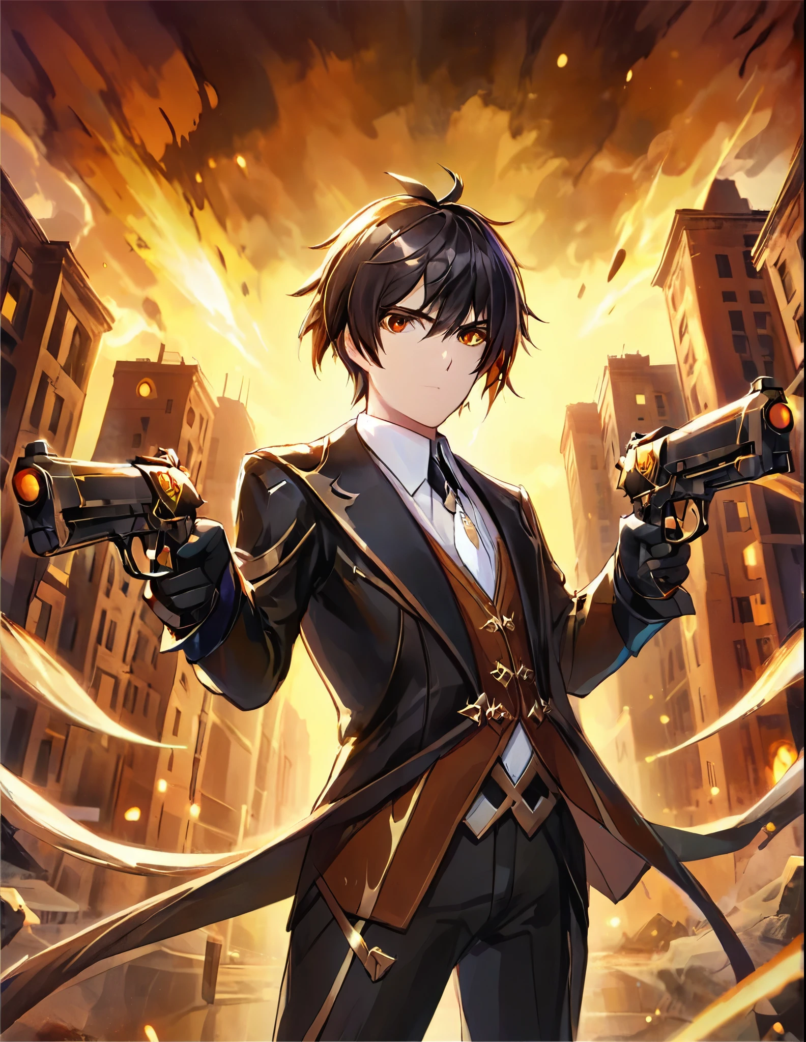 (better lighting, High contrast, sharp details), (a person:1.2+male) gangster, black suit and tie, White shirt, Black pants, polished black shoes, standing, dynamic action pose, holding two guns, Beretta 92, flash, Bullet shells, gun smoke, bullet holes, pointing at the viewer, black fur, by the chestnut, medium hair, groomed hair, 28 years, intense action, Brooklyn, high end apartment backdrop, vivid colors, high saturation, dramatic shadows.