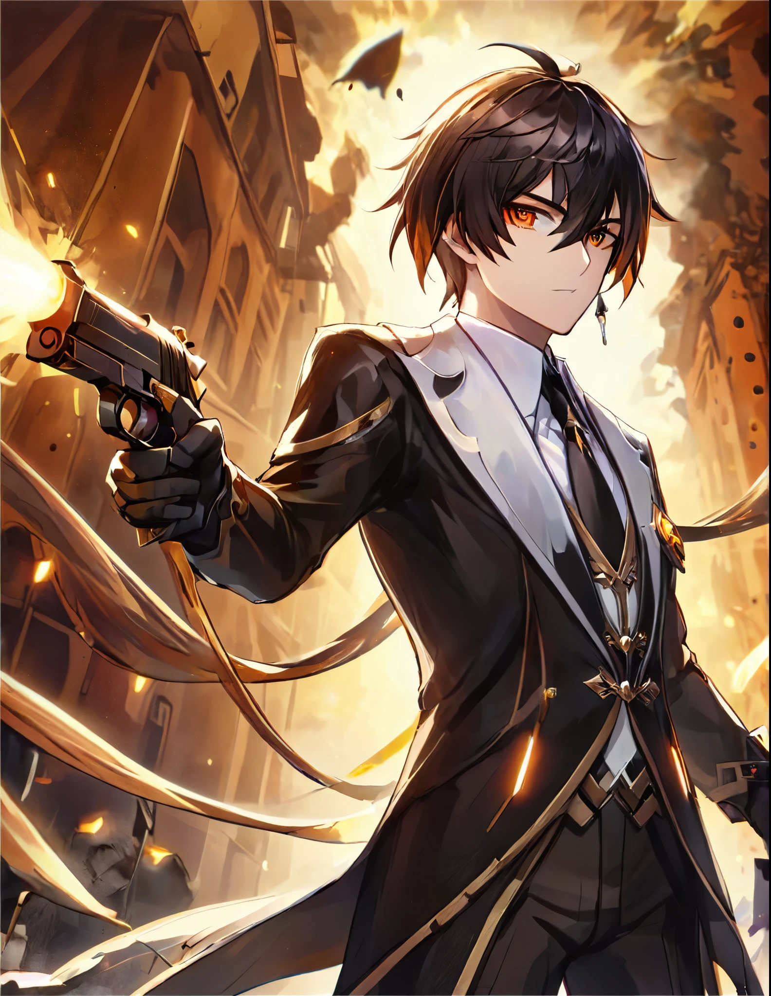 (better lighting, High contrast, sharp details), (a person:1.2+male) gangster, black suit and tie, White shirt, Black pants, polished black shoes, standing, dynamic action pose, holding two guns, Beretta 92, flash, Bullet shells, gun smoke, bullet holes, pointing at the viewer, black fur, by the chestnut, medium hair, groomed hair, 28 years, intense action, Brooklyn, high end apartment backdrop, vivid colors, high saturation, dramatic shadows.