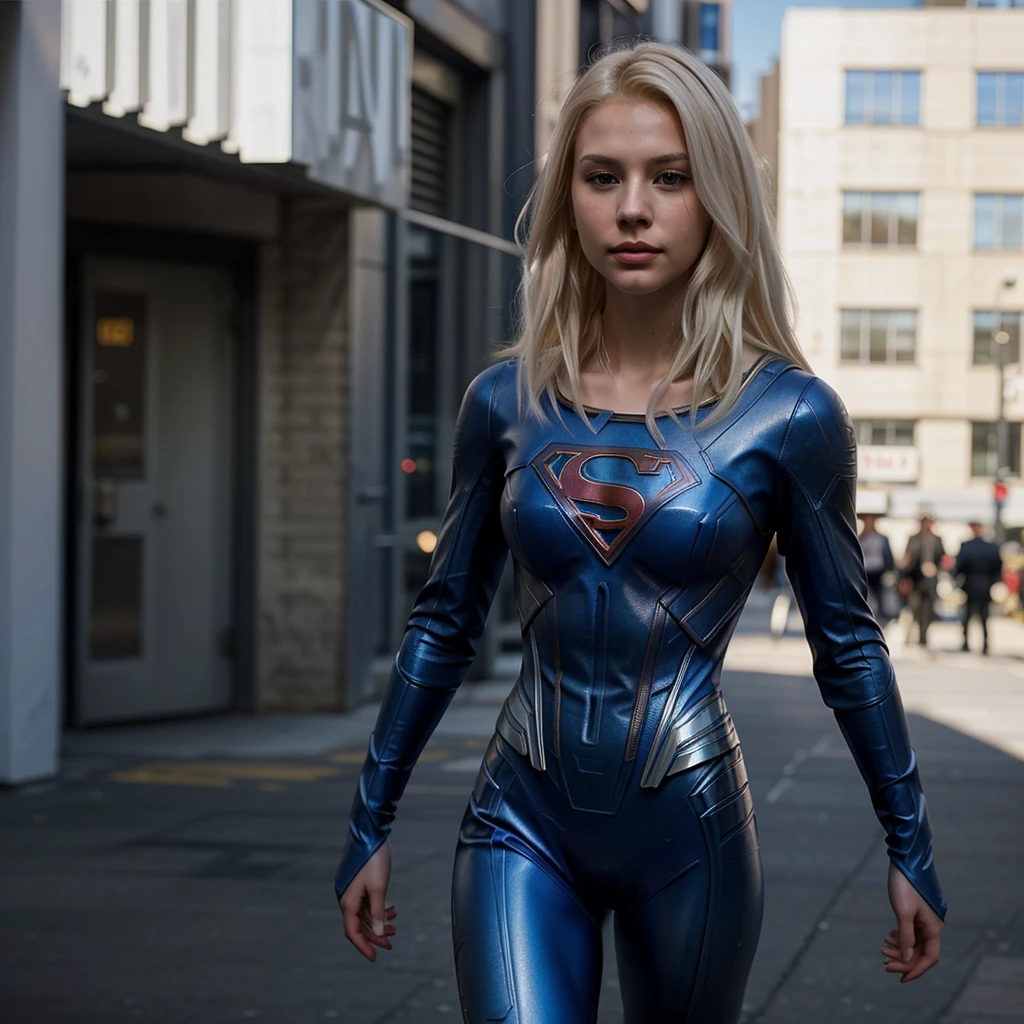 cinematic shot, short pretty young slim platinum long blonde slick hair supergirl, dark blue sci fi suit, detailed textures, sunny day in the city, specular, shadows, 4k, VFX, CGI, realistic
