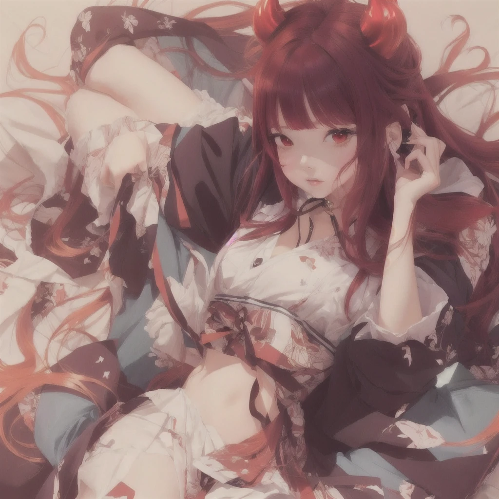 Anime girl with red hair and horns sitting on the bed, Gwaiz, Gwaiz on Pixiv artstation, Anime Style 4k, Gwaiz on artstation Pixiv, everyone, by Shimo, artwork in the style of Gwaiz, Beautiful anime art, Pixiv, anime art wallpaper 4k, anime art wallpaper 4k