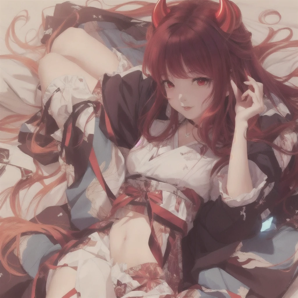 Anime girl with red hair and horns sitting on the bed, Gwaiz, Gwaiz on Pixiv artstation, Anime Style 4k, Gwaiz on artstation Pixiv, everyone, by Shimo, artwork in the style of Gwaiz, Beautiful anime art, Pixiv, anime art wallpaper 4k, anime art wallpaper 4k