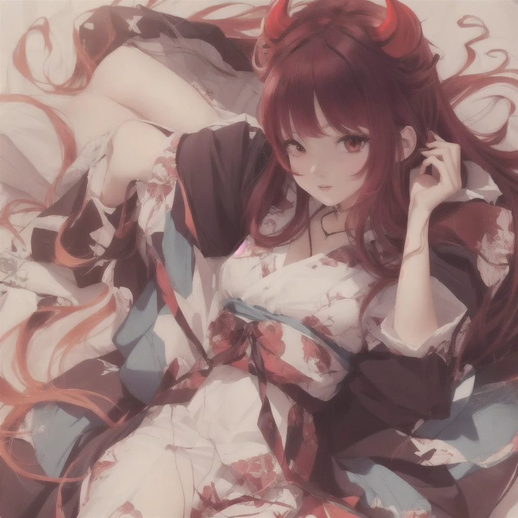 Anime girl with red hair and horns sitting on the bed, Gwaiz, Gwaiz on Pixiv artstation, Anime Style 4k, Gwaiz on artstation Pixiv, everyone, by Shimo, artwork in the style of Gwaiz, Beautiful anime art, Pixiv, anime art wallpaper 4k, anime art wallpaper 4k