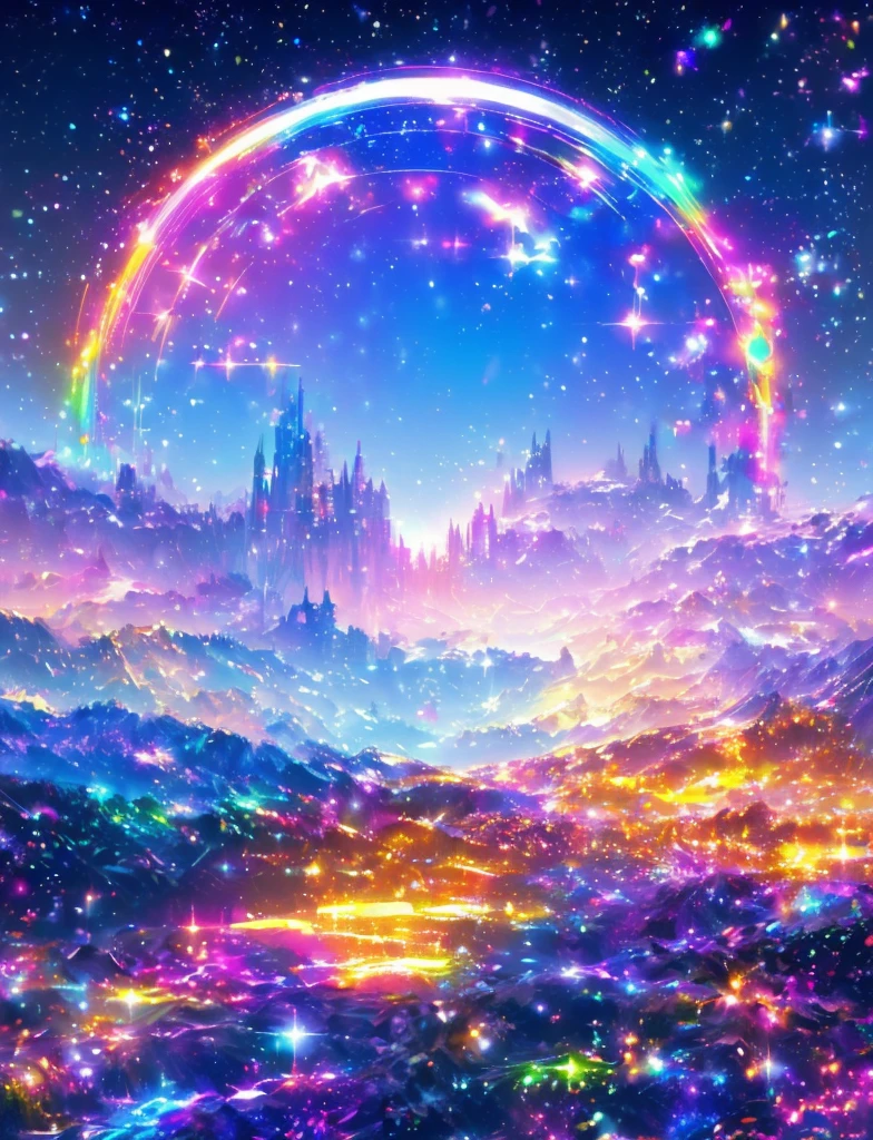 ((The pale yellow moon of a supergiant star))((A subjective depiction of a profile looking up)、On a multicolored background、Iridescent空に星と月が描かれた川の絵、Shining skyscrapers、Shine overall、Concept art inspired by Mitsuoki Tosa、pixiv contest winners、Highest quality、Fantasy art、Beautiful anime scene、Bright Moon、moonlight star environment、Dream painting、Anime Background Art、Fantasy Landscape Painting、Fantasy Knight、Anime Background、Background artwork、wonderful芸術、Atmospheric anime、Starry Sky、Detail enhancements、, Vibrant colors, Rainbow and sunshine shining.16K, Ultra-high resolution, Iridescent、to be born,wonderful ,future、Iridescent、The world 30 years from now。