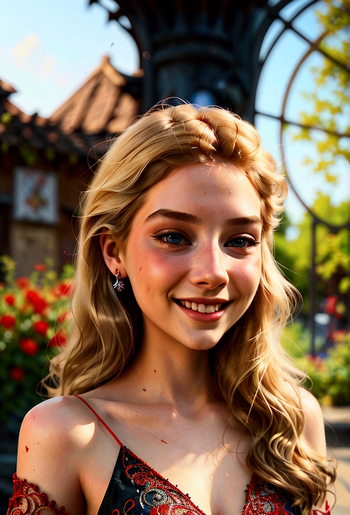 a beautiful young woman with long blonde hair, smiling, sunlight glowing red around her, (digital painting, concept art, smooth, sharp focus, intricate details, highly detailed, masterpiece:1.2)