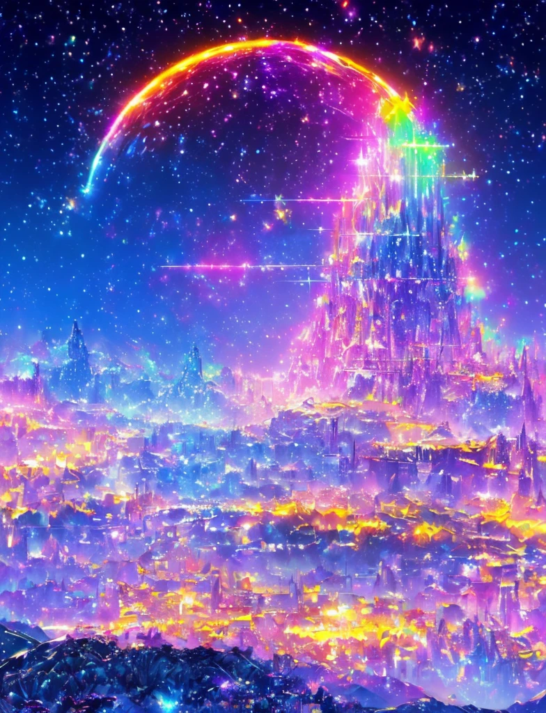 ((The pale yellow moon of a supergiant star))((A subjective depiction of a profile looking up)、On a multicolored background、Iridescent空に星と月が描かれた川の絵、Shining skyscrapers、Shine overall、Concept art inspired by Mitsuoki Tosa、pixiv contest winners、Highest quality、Fantasy art、Beautiful anime scene、Bright Moon、moonlight star environment、Dream painting、Anime Background Art、Fantasy Landscape Painting、Fantasy Knight、Anime Background、Background artwork、wonderful芸術、Atmospheric anime、Starry Sky、Detail enhancements、, Vibrant colors, Rainbow and sunshine shining.16K, Ultra-high resolution, Iridescent、to be born,wonderful ,future、Iridescent、The world 30 years from now。