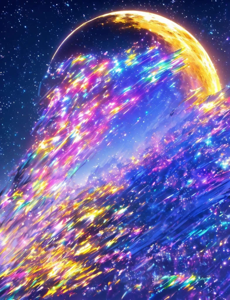 ((The pale yellow moon of a supergiant star))((A subjective depiction of a profile looking up)、On a multicolored background、Iridescent空に星と月が描かれた川の絵、Shining skyscrapers、Shine overall、Concept art inspired by Mitsuoki Tosa、pixiv contest winners、Highest quality、Fantasy art、Beautiful anime scene、Bright Moon、moonlight star environment、Dream painting、Anime Background Art、Fantasy Landscape Painting、Fantasy Knight、Anime Background、Background artwork、wonderful芸術、Atmospheric anime、Starry Sky、Detail enhancements、, Vibrant colors, Rainbow and sunshine shining.16K, Ultra-high resolution, Iridescent、to be born,wonderful ,future、Iridescent、The world 30 years from now。