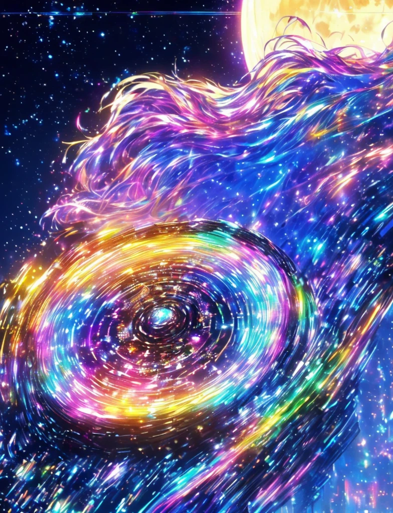 ((The pale yellow moon of a supergiant star))((A subjective depiction of a profile looking up)、On a multicolored background、Iridescent空に星と月が描かれた川の絵、Shining skyscrapers、Shine overall、Concept art inspired by Mitsuoki Tosa、pixiv contest winners、Highest quality、Fantasy art、Beautiful anime scene、Bright Moon、moonlight star environment、Dream painting、Anime Background Art、Fantasy Landscape Painting、Fantasy Knight、Anime Background、Background artwork、wonderful芸術、Atmospheric anime、Starry Sky、Detail enhancements、, Vibrant colors, Rainbow and sunshine shining.16K, Ultra-high resolution, Iridescent、to be born,wonderful ,future、Iridescent、The world 30 years from now。