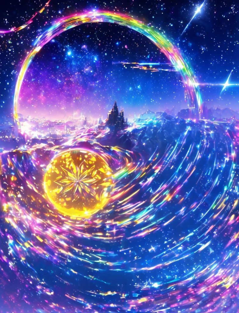 ((The pale yellow moon of a supergiant star))((A subjective depiction of a profile looking up)、On a multicolored background、Iridescent空に星と月が描かれた川の絵、Shining skyscrapers、Shine overall、Concept art inspired by Mitsuoki Tosa、pixiv contest winners、Highest quality、Fantasy art、Beautiful anime scene、Bright Moon、moonlight star environment、Dream painting、Anime Background Art、Fantasy Landscape Painting、Fantasy Knight、Anime Background、Background artwork、wonderful芸術、Atmospheric anime、Starry Sky、Detail enhancements、, Vibrant colors, Rainbow and sunshine shining.16K, Ultra-high resolution, Iridescent、to be born,wonderful ,future、Iridescent、The world 30 years from now。