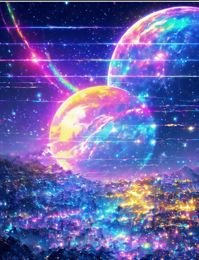 ((The pale yellow moon of a supergiant star))((A subjective depiction of a profile looking up)、On a multicolored background、Iridescent空に星と月が描かれた川の絵、Shining skyscrapers、Shine overall、Concept art inspired by Mitsuoki Tosa、pixiv contest winners、Highest quality、Fantasy art、Beautiful anime scene、Bright Moon、moonlight star environment、Dream painting、Anime Background Art、Fantasy Landscape Painting、Fantasy Knight、Anime Background、Background artwork、wonderful芸術、Atmospheric anime、Starry Sky、Detail enhancements、, Vibrant colors, Rainbow and sunshine shining.16K, Ultra-high resolution, Iridescent、to be born,wonderful ,future、Iridescent、The world 30 years from now。