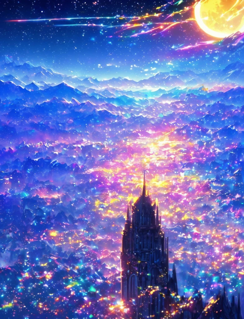 ((The pale yellow moon of a supergiant star))((A subjective depiction of a profile looking up)、On a multicolored background、Iridescent空に星と月が描かれた川の絵、Shining skyscrapers、Shine overall、Concept art inspired by Mitsuoki Tosa、pixiv contest winners、Highest quality、Fantasy art、Beautiful anime scene、Bright Moon、moonlight star environment、Dream painting、Anime Background Art、Fantasy Landscape Painting、Fantasy Knight、Anime Background、Background artwork、wonderful芸術、Atmospheric anime、Starry Sky、Detail enhancements、, Vibrant colors, Rainbow and sunshine shining.16K, Ultra-high resolution, Iridescent、to be born,wonderful ,future、Iridescent、The world 30 years from now。