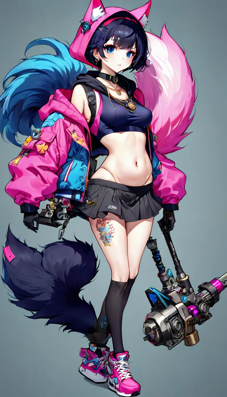 Oh, league of legend, sexy for, wallpapers, detailed eyes, fox ear, (fox tails), body delgado perfecto, a skirt, (long pink fur), medium breasts, Looking at_It is shown in_Looking atl espectador, short_Hair, gloves, belly button, fail, Blue_there are eyes, Eternal, full_body, weapon, Footwear, Necklaces, negro_gloves, pulp, hooded, Hair_overcome_Yoon_there are eyes, cultivator_above, Hoodie, negro_pants, sneakers, cut_Jacket, cyber punk character, cut_Hoodie, ((anatomically perfect:1.5))