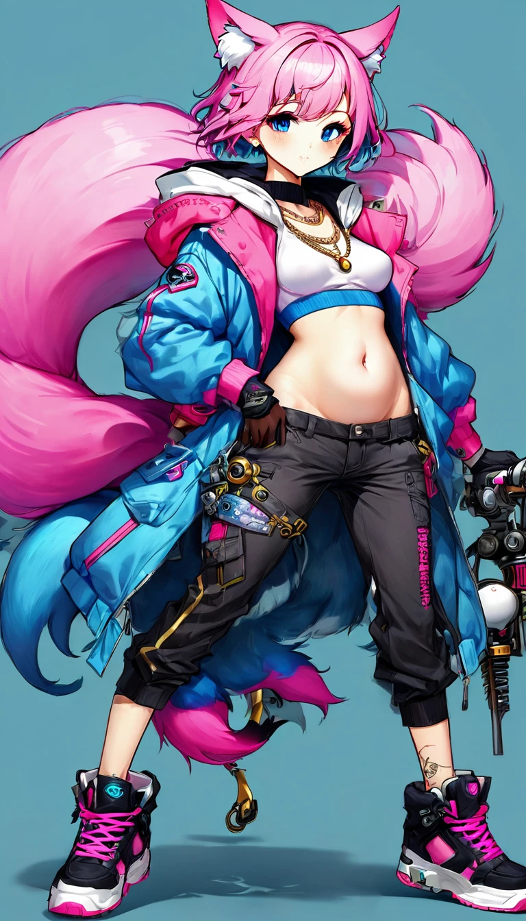 Oh, league of legend, sexy for, wallpapers, detailed eyes, fox ear, (fox tails), body delgado perfecto, a skirt, (long pink fur), medium breasts, Looking at_It is shown in_Looking atl espectador, short_Hair, gloves, belly button, fail, Blue_there are eyes, Eternal, full_body, weapon, Footwear, Necklaces, negro_gloves, pulp, hooded, Hair_overcome_Yoon_there are eyes, cultivator_above, Hoodie, negro_pants, sneakers, cut_Jacket, cyber punk character, cut_Hoodie, ((anatomically perfect:1.5))