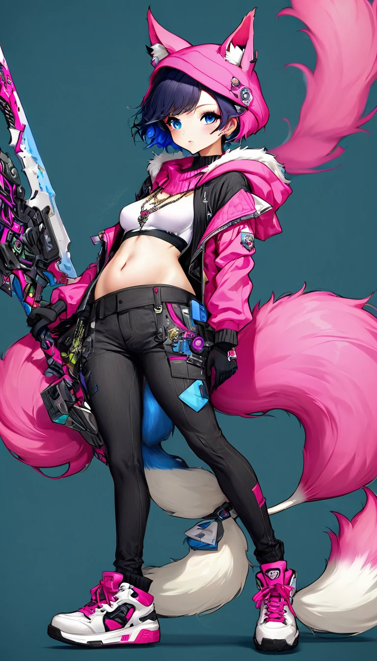 Oh, league of legend, sexy for, wallpapers, detailed eyes, fox ear, (fox tails), body delgado perfecto, a skirt, (long pink fur), medium breasts, Looking at_It is shown in_Looking atl espectador, short_Hair, gloves, belly button, fail, Blue_there are eyes, Eternal, full_body, weapon, Footwear, Necklaces, negro_gloves, pulp, hooded, Hair_overcome_Yoon_there are eyes, cultivator_above, Hoodie, negro_pants, sneakers, cut_Jacket, cyber punk character, cut_Hoodie, ((anatomically perfect:1.5))