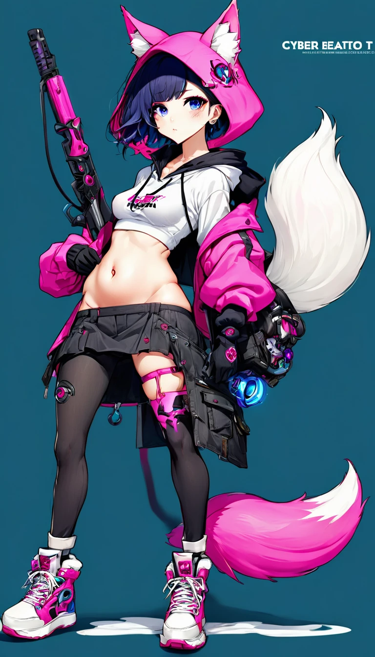 Oh, league of legend, sexy for, wallpapers, detailed eyes, fox ear, (fox tails), body delgado perfecto, a skirt, (long pink fur), medium breasts, Looking at_It is shown in_Looking atl espectador, short_Hair, gloves, belly button, fail, Blue_there are eyes, Eternal, full_body, weapon, Footwear, Necklaces, negro_gloves, pulp, hooded, Hair_overcome_Yoon_there are eyes, cultivator_above, Hoodie, negro_pants, sneakers, cut_Jacket, cyber punk character, cut_Hoodie, ((anatomically perfect:1.5))