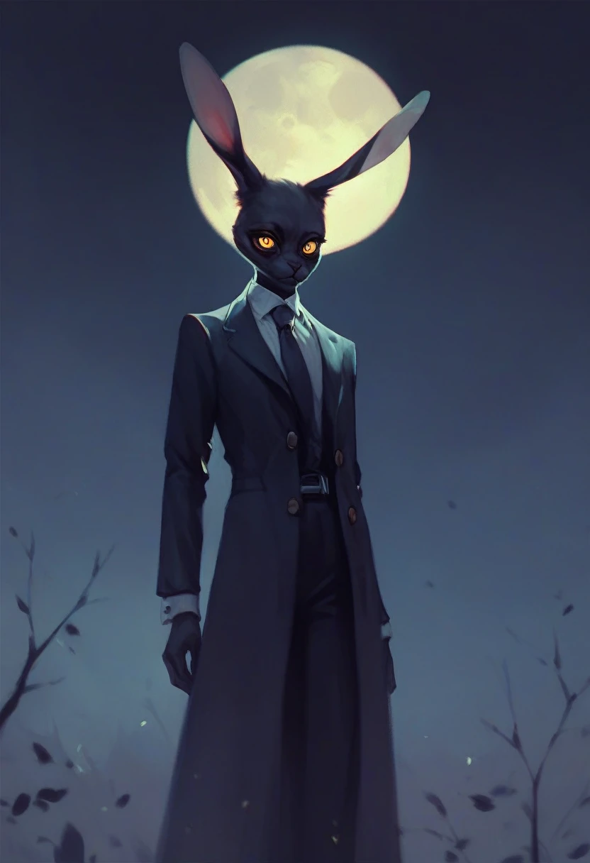 black furry bunny standing under the moonlight wearing a suit and has glowing yellow eyes , dark background, high detail, no light, woods landscape in the middle of the night, mistic, full moon, moonlight, (flat shading:1.2), (minimalist:1.4)
creepy bunny, evil