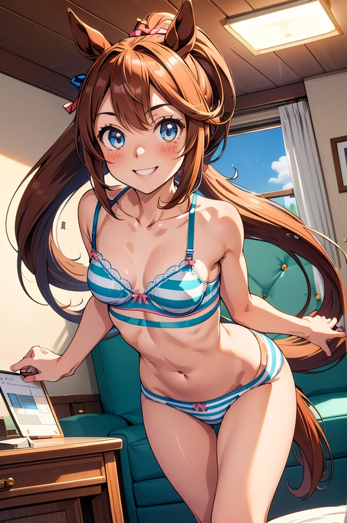 Tokai Teio \(umamusume\), ((Highly detailed eyes)), masterpiece, Highest quality, (abnormal body, Small breasts, (Horse tail) ,smile, blush, (indoor, office, living room), whole body, frontage, Long ponytail, (Striped panties), (Striped bra), (In underwear), (Flashy underwear), (lingerie), 