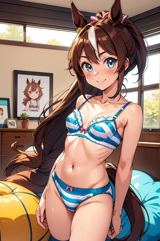 Tokai Teio \(umamusume\), ((Highly detailed eyes)), masterpiece, Highest quality, (abnormal body, Small breasts, (Horse tail) ,smile, blush, (indoor, office, living room), whole body, frontage, Long ponytail, (Striped panties), (Striped bra), (In underwear), (Flashy underwear), (lingerie), 