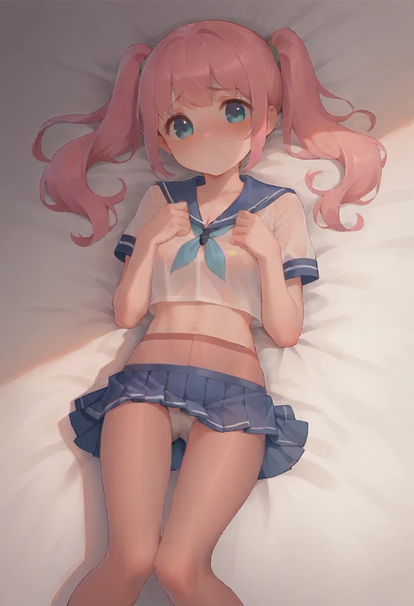 pantyhose,,sailor,microskirt,cute,lying,lying,pink hair,shy,blush,crop top,see through,twintails,cleavage,panties under pantyhose