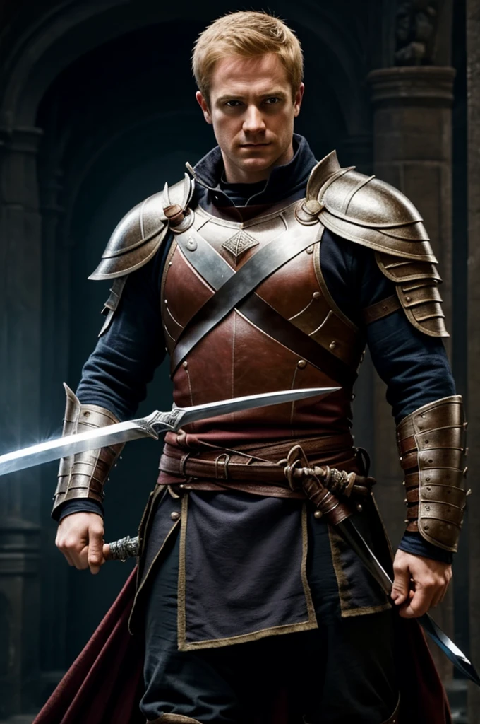 ((best quality)), ((masterpiece)), (detailed), perfect faceA male of 175 is a doctor and demon hunter with gray hair, blue eyes, and a left arm guard