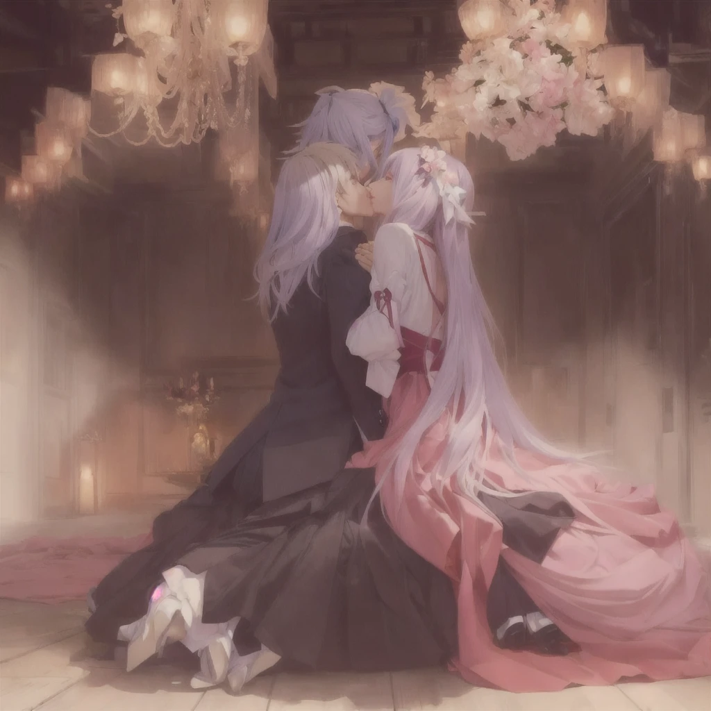 Anime-style image of a couple in formal clothing sitting on the floor, Zero-chan art, Anime Moe Art Style, Zero-chan, Nightcore, by Shimo, artwork in the style of Gwaiz, Gwaiz on pixiv artstation, Gwaiz, From desire, Fate-like anime style/Stay Night, Jellyfish Shrine Maiden